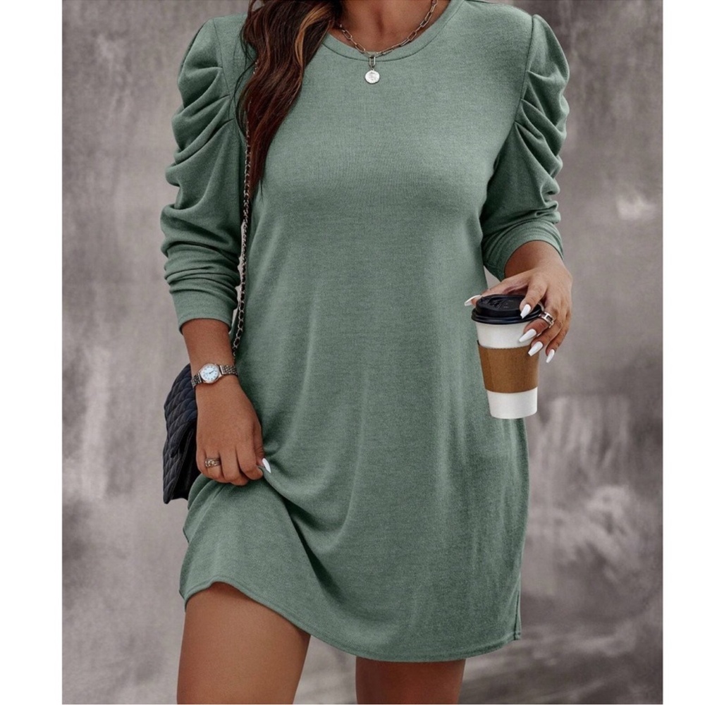 Plus Solid Round Neck Puff Long Sleeve Dress 1X 2X 3X 4X